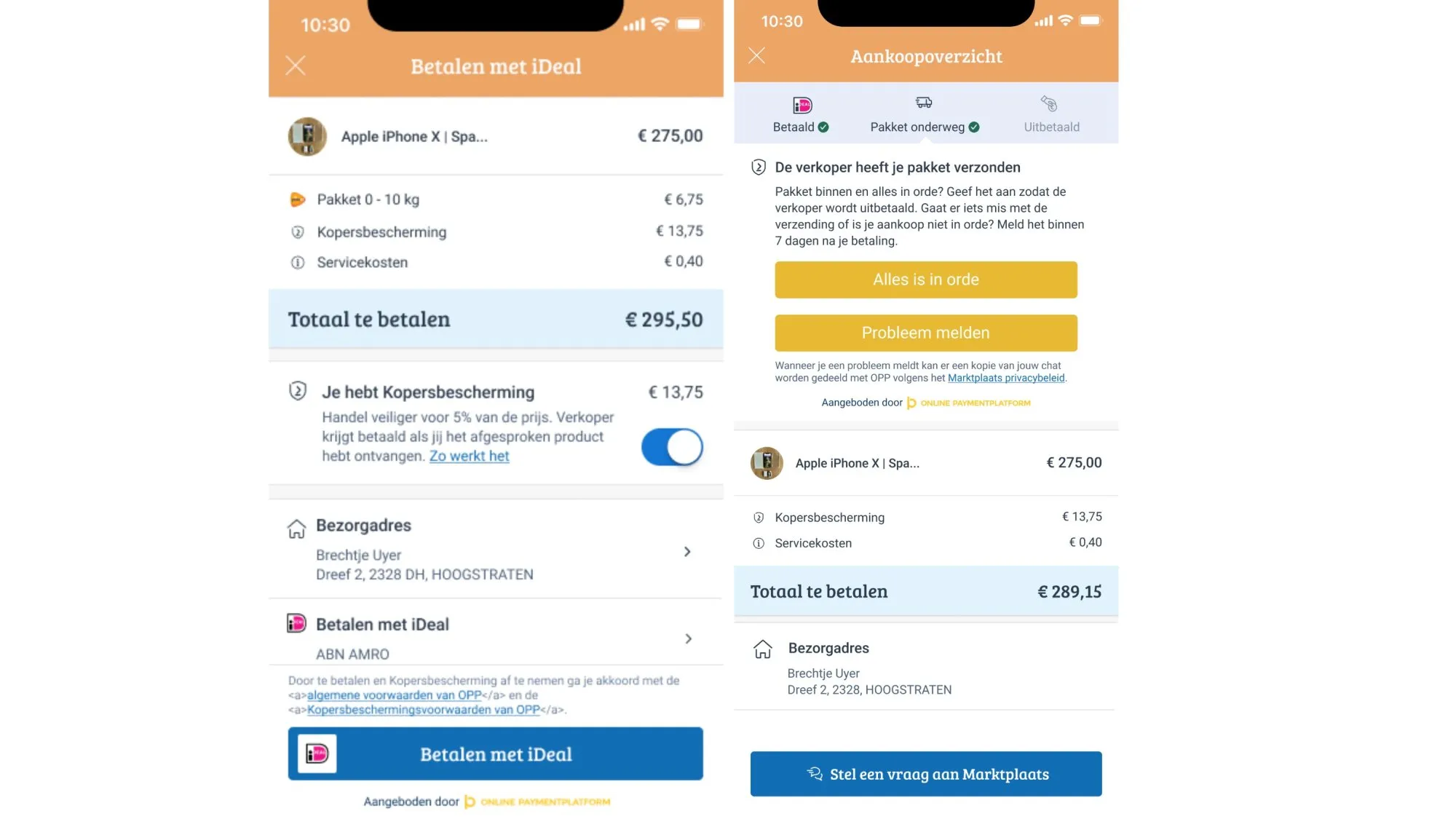 Marktplaats buyer-protection payment and purchase screens
