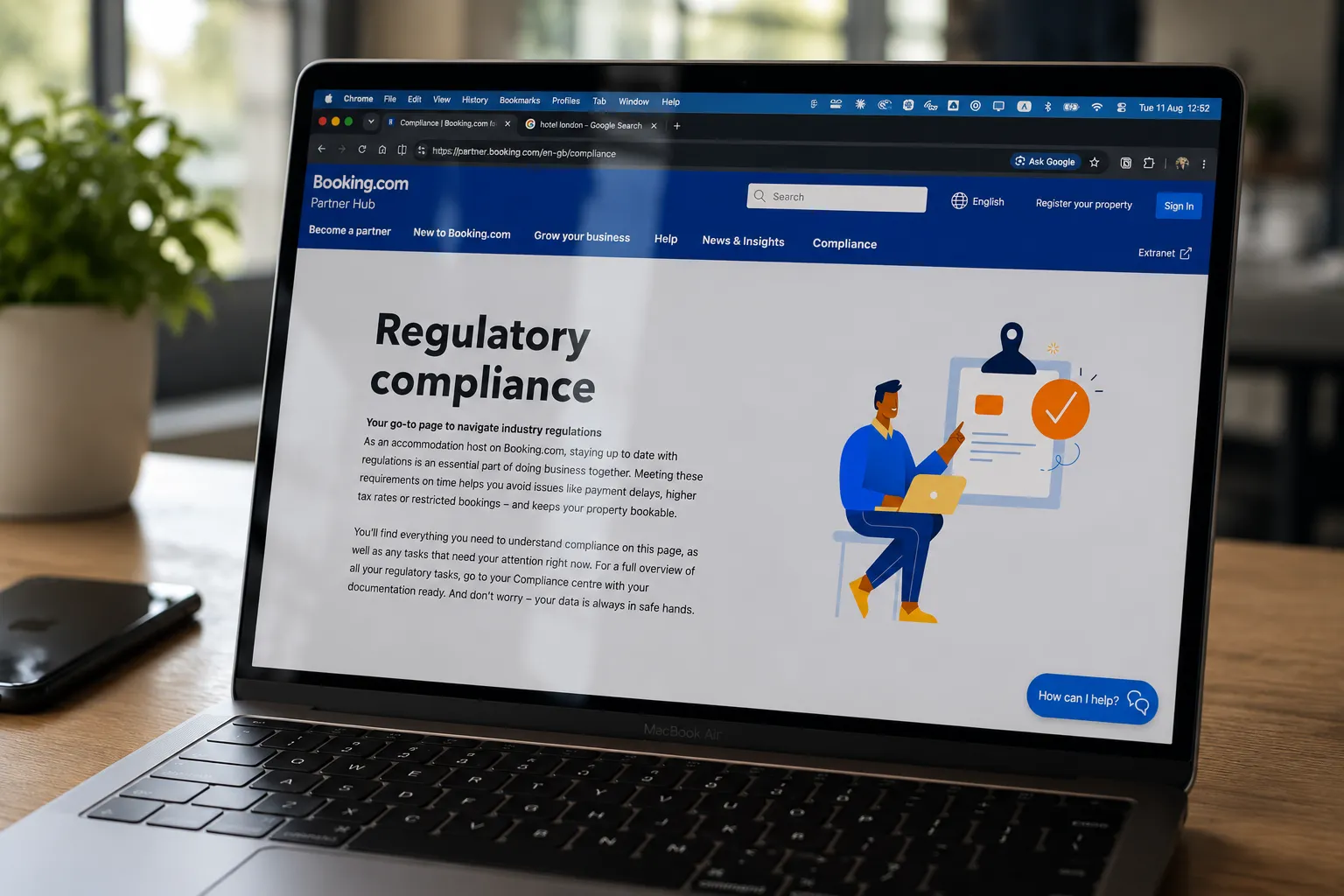 Booking.com Partner Hub compliance section displayed on a laptop