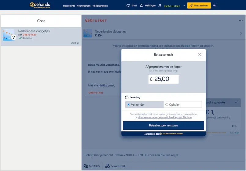 2dehands.be online payment request in the marketplace chat