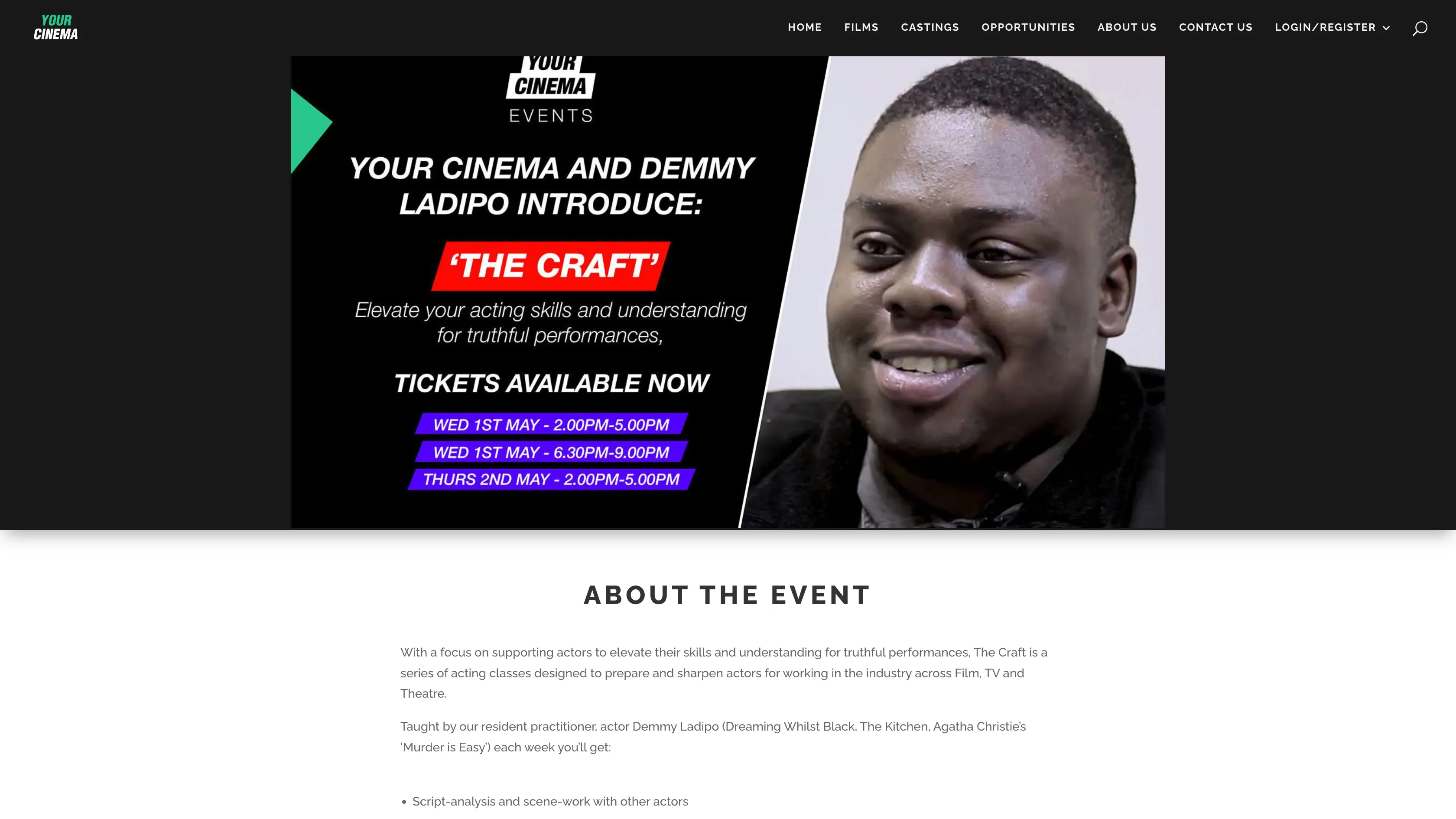 A Your Cinema event page on desktop